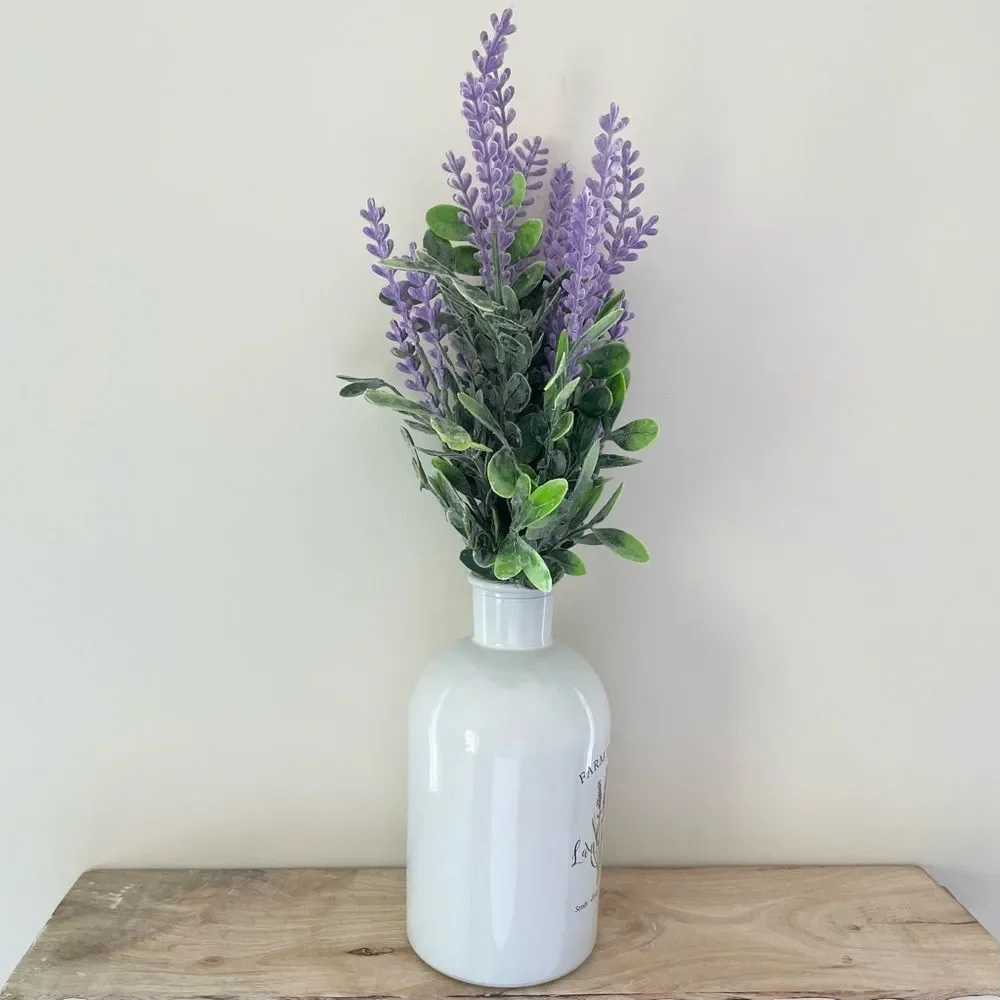 Handmade Artificial Lavender Arrangement in Milk Glass Vase